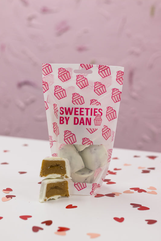 Limited Edition V Day BITE BAG - White Choc Dipped Caramel Blondie Hearts